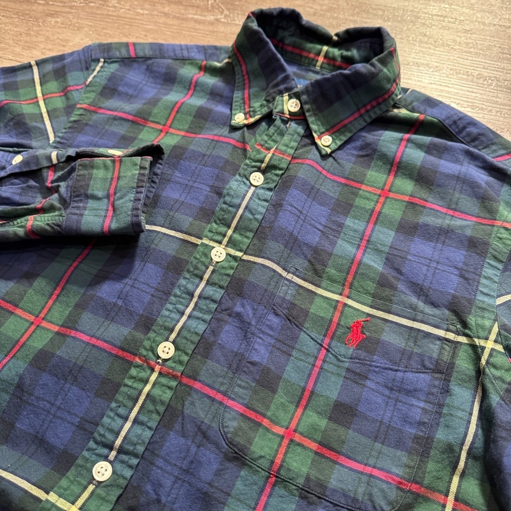 Ralph Lauren Shirt Mens Small Blue Green Tartan Plaid Cotton‎ Preppy OCBD